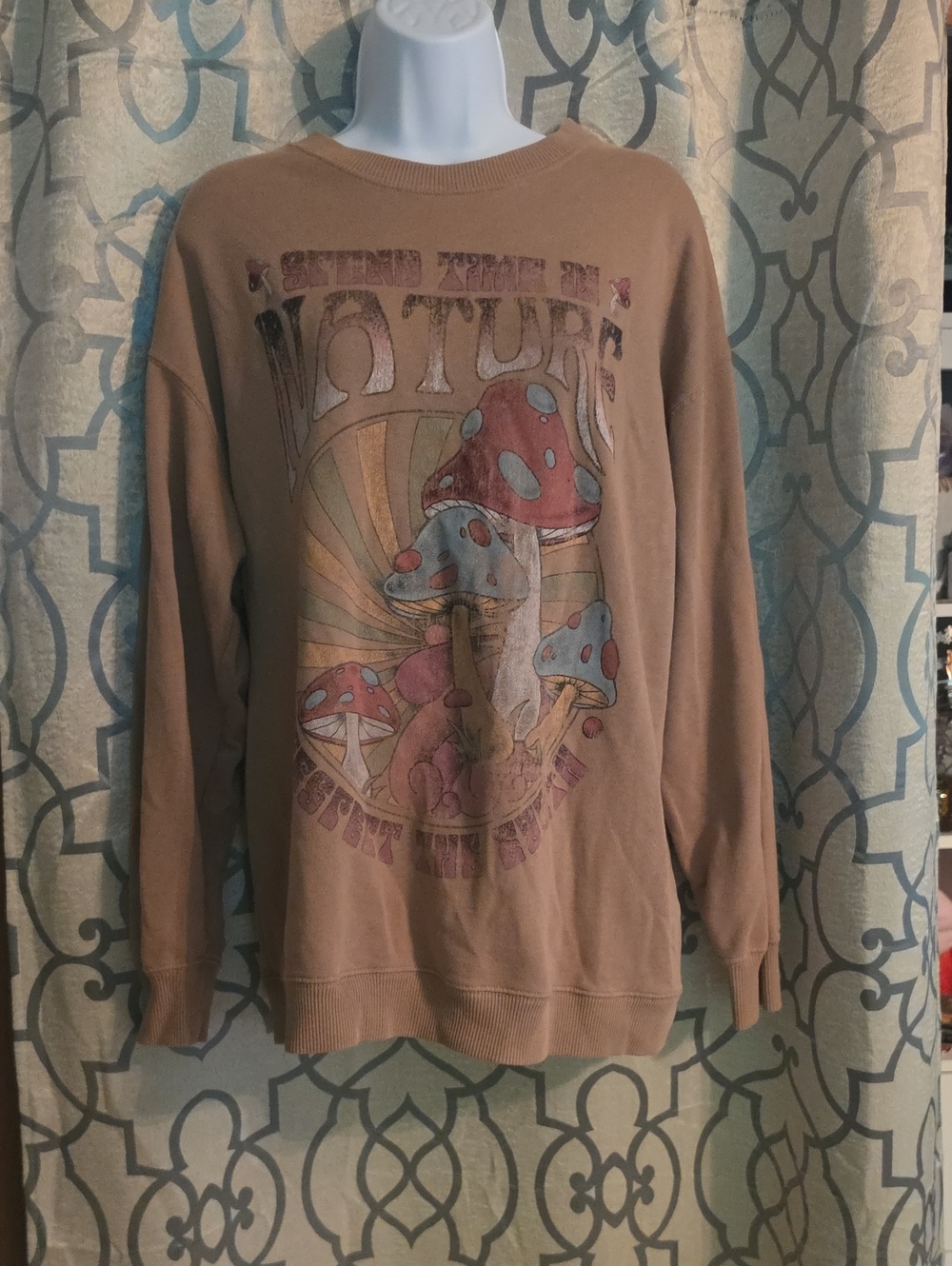 Hollister Brown Crewneck Sweatshirt with Mushroom Graphic